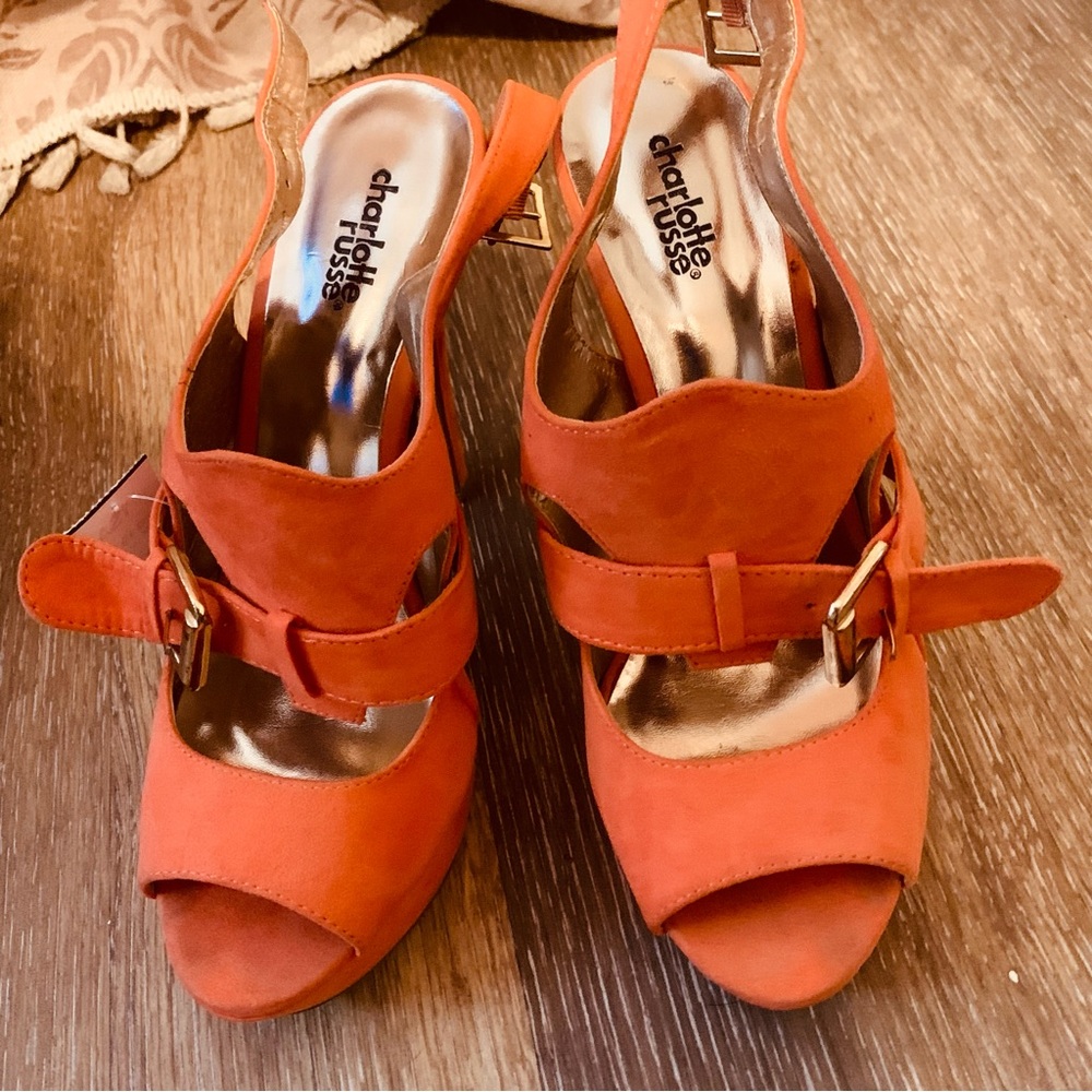 Charlotte Russe Bold Orange platform strappy with buckle Heels 9 - Picture 2 of 2
